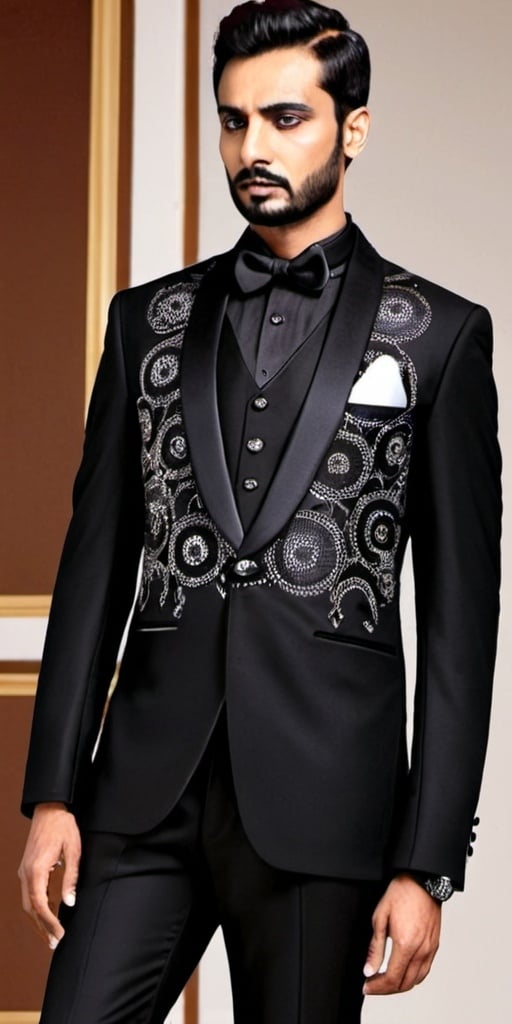 Prompt: 
"Create a high-quality, detailed design of a men's wear black tuxedo featuring abstract circular patterns embellished with rhinestones. The embroidery design should be rich and elaborate, inspired by the luxurious and opulent styles of Gaurav Gupta. Provide separate views for the front and back of the tuxedo, ensuring both perspectives highlight the intricate embroidery and the overall sophisticated aesthetic. Focus on creating a striking and elegant look that exudes high fashion and exclusivity."

---