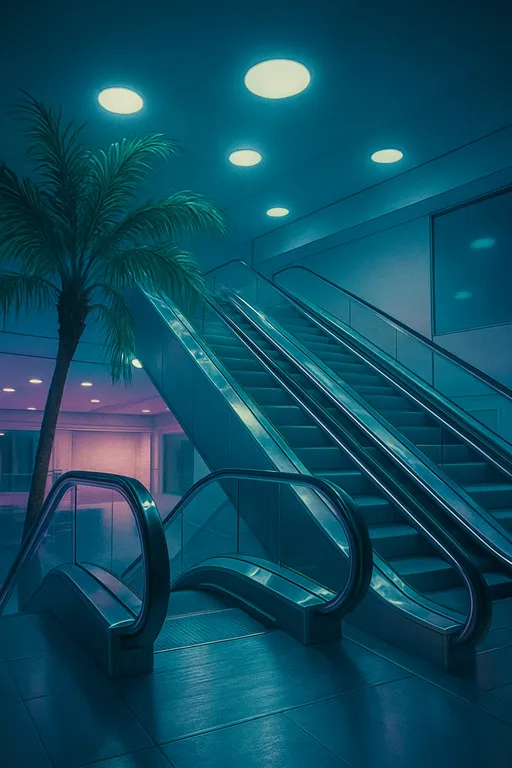Prompt: A surreal perk into the 1960s Twilight Zone, interior of a modern shopping mall, dominated by two parallel escalators ascending diagonally portraying the current dreamcore. The escalators are made of silver metal steps and transparent glass sides, reflecting the ambient light and creating a sense of futuristic cleanliness. A palm tree with vibrant green fronds extends from the left, adding a Vaporwave element to the artificial environment giving it a touch of tropical nature. Above, the ceiling is punctuated by bright, circular recessed lights. In the background, a white wall provides contrast, with a section of clear blue glass on the right side. The overall aesthetic is a blend of vaporwave and Miami Vice styles, with Black & White Television with contrasting psychological thriller style's, glossy textures, evoking a sense of dreamy tranquility and artificial beauty. The composition is taken at a low angle, emphasizing the height and scale of the space and the parallel structure of the escalators, --ar 3:2 --q 2 --style expressive --v 5
