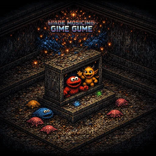 Prompt: A highly detailed pixel art, isometric view, retro game style. The central focus is a vibrant, colorful arcade machine titled "Elmo Musical" on its illuminated marquee. The machine is predominantly bright yellow and teal, with red and blue accents. Inside the arcade screen, rendered in pixel art, Elmo (red, furry, smiling) and a cheerful yellow furry character (with a striped shirt and holding a tiny microphone) are waving enthusiastically, their eyes wide and friendly. The control panel below the screen is adorned with numerous colorful, pixelated buttons, joysticks, and knobs in shades of red, orange, green, and blue. Around the base of the arcade machine, on a dark, subtly textured floor, are scattered various adorable pixelated toys and treats: a pink cupcake, a small white cake with a cherry on top, a red ladybug toy, a tiny brown airplane, and other colorful, whimsical objects. The background is a deep, sparkling dark green, filled with numerous pixelated stars of various sizes and colors (pink, yellow, orange, blue), creating a magical, celebratory atmosphere. Two small, shiny balloons (one pink, one red) are attached to the top corners of the arcade machine, adding to the festive feel. The overall lighting is bright and cheerful, with a soft glow emanating from the screen and the background stars. --ar 9:16 --style raw --v 5.2