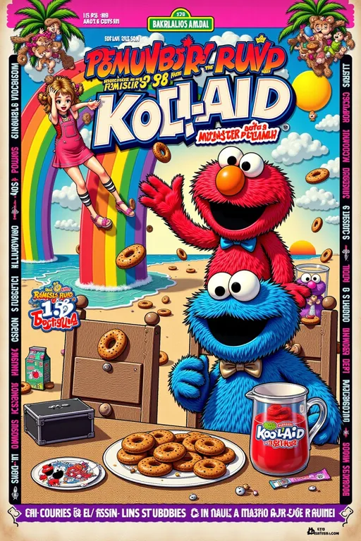 Prompt: A vibrant, retro comic book illustration featuring Elmo and Cookie Monster sitting at a wooden table, with Kool-Aid Man hovering above and a young girl in overalls and sunglasses mid-air behind them. The background displays a prominent rainbow arching across a sky with stylized clouds. Elmo wears a blue bow tie, and Cookie Monster sports a green hoodie. On the table are plates with donuts, a small dark box, and Kool-Aid packets. A pitcher of Kool-Aid sits on the table. The overall style is reminiscent of 1970s comic art, with bold lines, a limited color palette featuring warm tones and primary colors, and a grainy texture. The top and bottom borders feature pixelated palm trees and a sunset, along with text "INTRODUCING RAINBOW PUNCH FROM KOOL-AID" and "MONSTER TRAVEL ALL INCLUSIVE". The sides have vertical text with travel destinations and prices. The lighting is bright and flat, typical of comic book printing. --ar 9:13 --q 2 --s 750 --v 5.2
