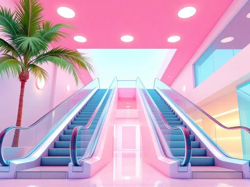 Prompt: A surreal, pastel-colored interior of a modern shopping mall, dominated by two parallel escalators ascending diagonally, rendered in hues of pink, teal, and blue. The escalators are made of silver metal steps and transparent glass sides, reflecting the ambient light and creating a sense of futuristic cleanliness. A palm tree with vibrant green fronds extends from the left, juxtaposing the artificial environment with a touch of tropical nature. Above, a pink ceiling is punctuated by bright, circular recessed lights. In the background, a white wall provides contrast, with a section of clear blue glass on the right side. The overall aesthetic is a blend of vaporwave and Miami Vice styles, with strong, contrasting colors and smooth, glossy textures, evoking a sense of dreamy tranquility and artificial beauty. The composition is taken at a low angle, emphasizing the height and scale of the space and the parallel structure of the escalators, --ar 3:2 --q 2 --style expressive --v 5