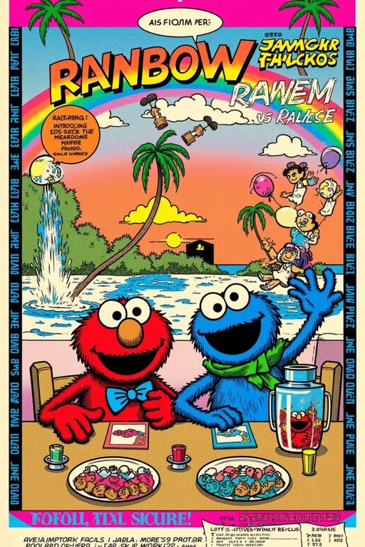 Prompt: A vibrant, retro comic book illustration featuring Elmo and Cookie Monster sitting at a wooden table, with Kool-Aid Man hovering above and a young girl in overalls and sunglasses mid-air behind them. The background displays a prominent rainbow arching across a sky with stylized clouds. Elmo wears a blue bow tie, and Cookie Monster sports a green hoodie. On the table are plates with donuts, a small dark box, and Kool-Aid packets. A pitcher of Kool-Aid sits on the table. The overall style is reminiscent of 1970s comic art, with bold lines, a limited color palette featuring warm tones and primary colors, and a grainy texture. The top and bottom borders feature pixelated palm trees and a sunset, along with text "INTRODUCING RAINBOW PUNCH FROM KOOL-AID" and "MONSTER TRAVEL ALL INCLUSIVE". The sides have vertical text with travel destinations and prices. The lighting is bright and flat, typical of comic book printing. --ar 9:13 --q 2 --s 750 --v 5.2