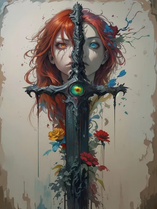 Prompt: This artwork presents an ethereal figure with striking red hair entwined with vibrant florals, juxtaposed against a dark, ornate sword that pierces through her visage. The figure's face is split into two distinct halves: one side showcases a haunting blue eye full of sorrow, while the other boasts a piercing yellow eye, suggesting a duality of emotion. The background features a muted beige canvas, accentuating the dramatic colors of red and green splashes, creating a visceral impact. Dramatic lighting enriches the scene, highlighting the glossy texture of the hair and the intricate details of the sword, casting shadows that amplify the artwork's depth. The composition is vertically oriented, drawing the viewer's eye along the sword, enhancing a sense of verticality and tension. The painting embodies a surrealistic style reminiscent of contemporary fantasy art with a blend of classical techniques. Inspirations from artists like Yoshioka Takumi and H.R. Giger are apparent, merging organic forms with gothic elements. The overall mood is both haunting and seductive, inviting viewers into a world of mixed allegories related to identity and conflict, rooted deeply in emotional layers.