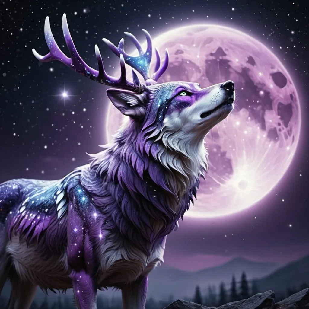 Prompt: Purple deer-wolf hybrid with wings and covered in stardust, digital art, highly detailed, full moon background, mystical colors, hd