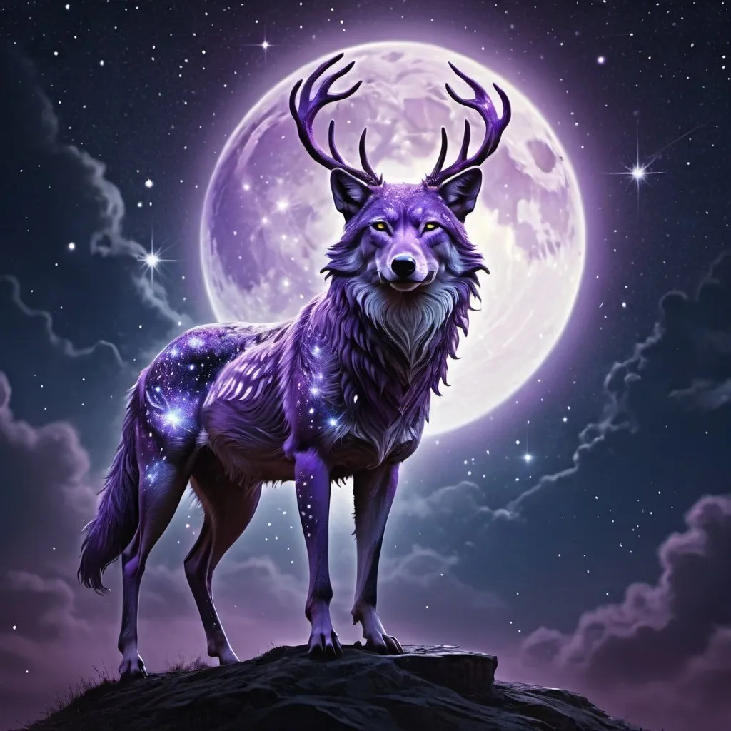 Prompt: Purple deer-wolf hybrid with wings and covered in stardust, digital art, highly detailed, full moon background, mystical colors, hd