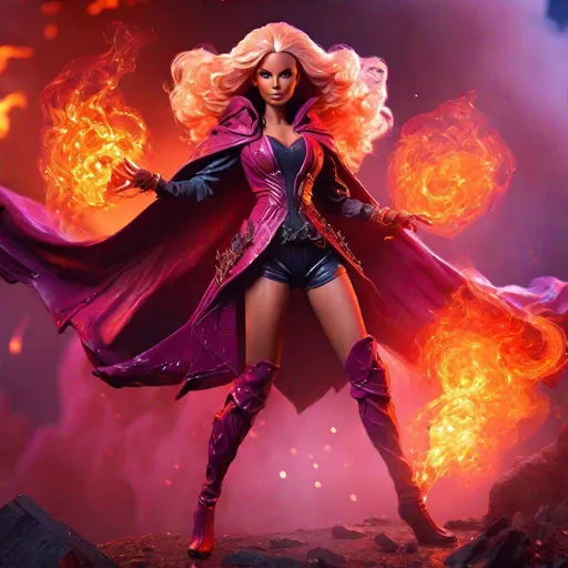 Prompt: plastic barbie warlock, heroic portrait, full body, epic pose, magic, fantasy , dnd character portrait, fiery background, 4k