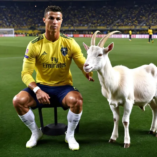 Prompt: Cristiano Ronaldo al nassr youtube size Thumbnail he and goat together in stadium 