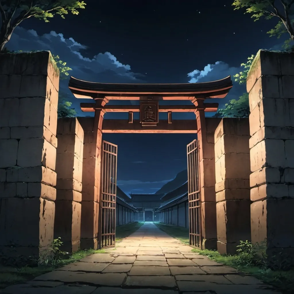 Prompt: ancient asian Prison Enterance at night in Anime