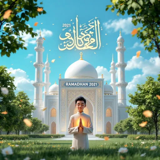 Prompt: realistic 4d character writing RAMADHAN 2021 mosque background blue sky clouds and there are trees and green leaves falling