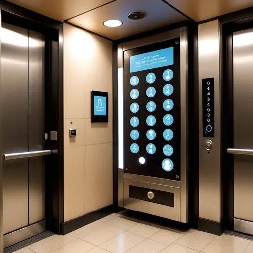 Prompt: Can assist to visualizing the New Elevator Interface for Housing Area that has below features:
Large, tactile buttons for ease of use by children and elderly residents.
Audible floor announcements for visually impaired users.
Voice recognition system for hands-free operation.
Braille labels for accessibility.
Touch screen panels for interactive information.
LED indicators for visual feedback.