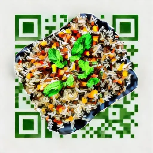 Prompt: Use garnishes like mint leaves, coriander, or colorful sauces to form a QR code pattern on top of the Biryani.