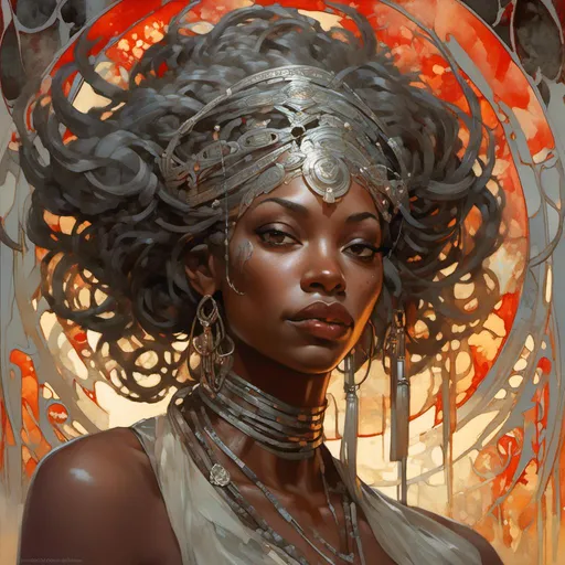 Prompt: <mymodel>portrait of a beautiful African American woman with (silver locs), (Alphonse Mucha's intricate style), (masterpiece), inspired by the artistic techniques of Anders Zorn and Joseph Christian Leyendecker, (vibrant colors), (elegant details), captivating background flourishes, (highly detailed), (ultra-detailed), (cinematic lighting), dramatic ambiance, rich textures, ensnaring beauty and strength.