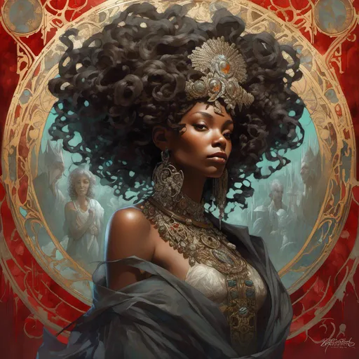 Prompt: <mymodel>portrait of a beautiful African American woman with (silver locs), (Alphonse Mucha's intricate style), (masterpiece), inspired by the artistic techniques of Anders Zorn and Joseph Christian Leyendecker, (vibrant colors), (elegant details), captivating background flourishes, (highly detailed), (ultra-detailed), (cinematic lighting), dramatic ambiance, rich textures, ensnaring beauty and strength.