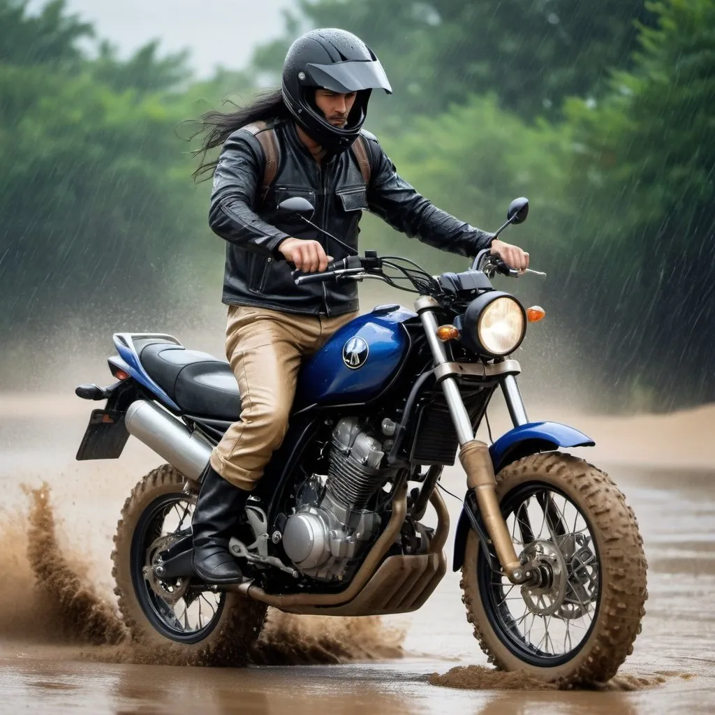 Prompt: Draw a Man riding a BLUE Yamaha Lander 2022 with off-road tyres, at night, on the rain. The Man is tall and atlético, with moderately muscular arms. He does not weat a shirt, but weara a fisherman vest, with big pockets, in the colors Black and sand. He weara a sand colored pants qnd sand colored leather boots
 He wears a helmet and his long Black hair is visível beneath the helmet, jiggling in the Wind. The led light of the motorcycle creates a beautiful effect against the rain drops.