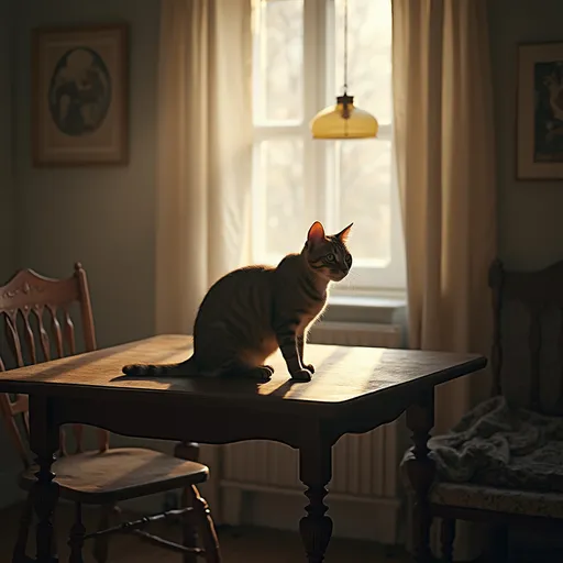 Prompt:  a cat is on a table which is in the room