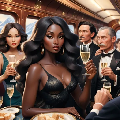 Prompt: A dreamy digital art scene aboard the Orient Express. A curvy dark skinned woman with long textured black hair is centered, drinking champagne. There are glamorous women and men in the background.