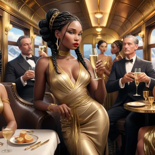 Prompt: A dreamy digital art scene aboard the Orient Express. A curvy dark skinned woman with black braids is centered, drinking champagne in a gold dress. There are glamorous women and men in the background.