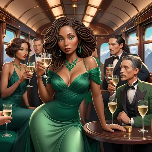 Prompt: A dreamy digital art scene aboard the Orient Express. A curvy brown skinned woman with long black locs is centered, drinking champagne and wearing an emerald green dress. There are glamorous women and men in the background wearing different colors.