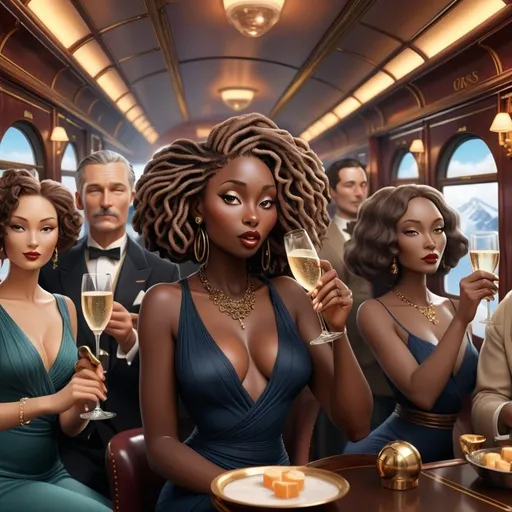 Prompt: A dreamy digital art scene aboard the Orient Express. A curvy dark skinned woman with locs is centered, drinking champagne. There are glamorous women and men in the background.