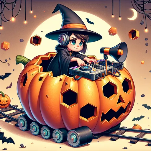 Prompt: Cartoon of a witch performing a DJ set on top of a pumpkin filled with hexagons. Halloween themed