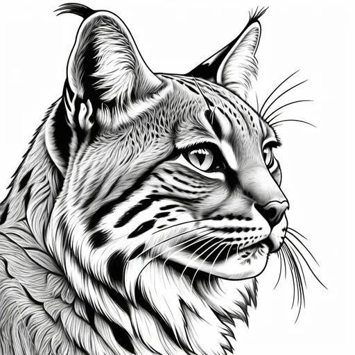 Prompt: B&W coloring book page, bobcat with one eye, only has one eye, side profile, line art, solid white background