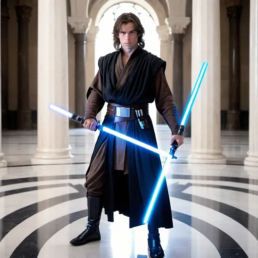 Prompt: 5' 7" Male with brown waves long hair. wearing a jedi knight outfit black holding a light saber with a blue blade in his right hand pointing down. standing in a great Hall with high ceilings and marble floors with tall pillars to the left and right of him. he is looking straight forward into the camera with a stern look in his eyes which are light blue.