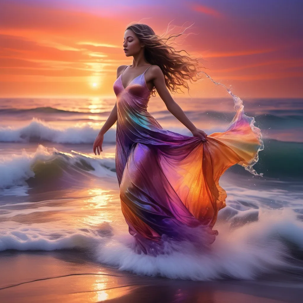 Prompt: (water girl), (dancing gracefully in the sea), (sunset), (dazzling sky), shimmering hues of orange and purple, (faded rainbow) in the background, soft waves reflecting light, immersive atmosphere of serenity and beauty, magical and ethereal vibes, fluid movement, ultra-detailed, high definition, captivating composition.