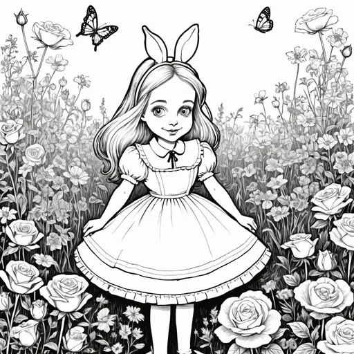 Prompt: Alice in wonderland, in the wildflowers, looking for white rabbit, border of cards and roses