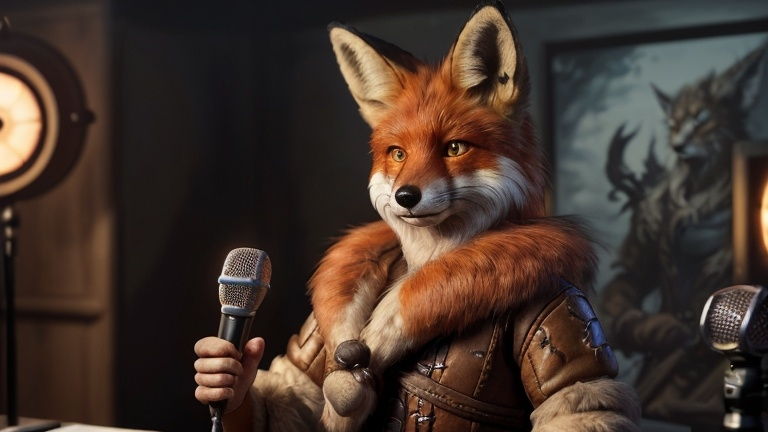 Prompt: hyper-realistic Fox podcaster character with hands holding microphone, fantasy character art, illustration, dnd, warm tone detailed Fur and facial expressions 
