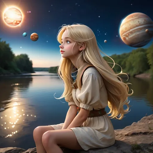 Prompt: Long blond hair Girl sitting next to the river looking at the planets in the sky 