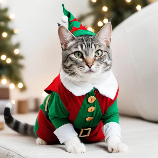 Prompt: A gray tabby cat with white paws and tummy is dressed as an elf.