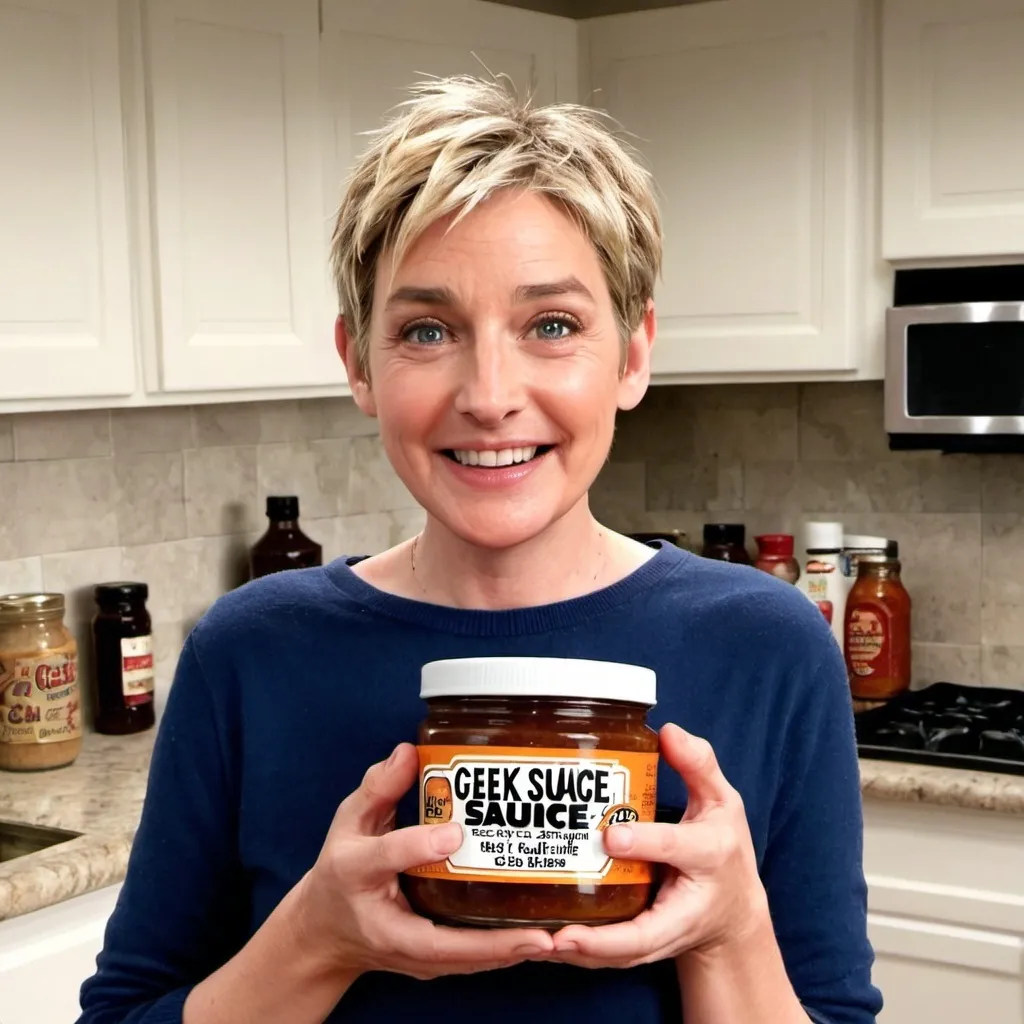 Prompt: ellen holding jar of geek sauce