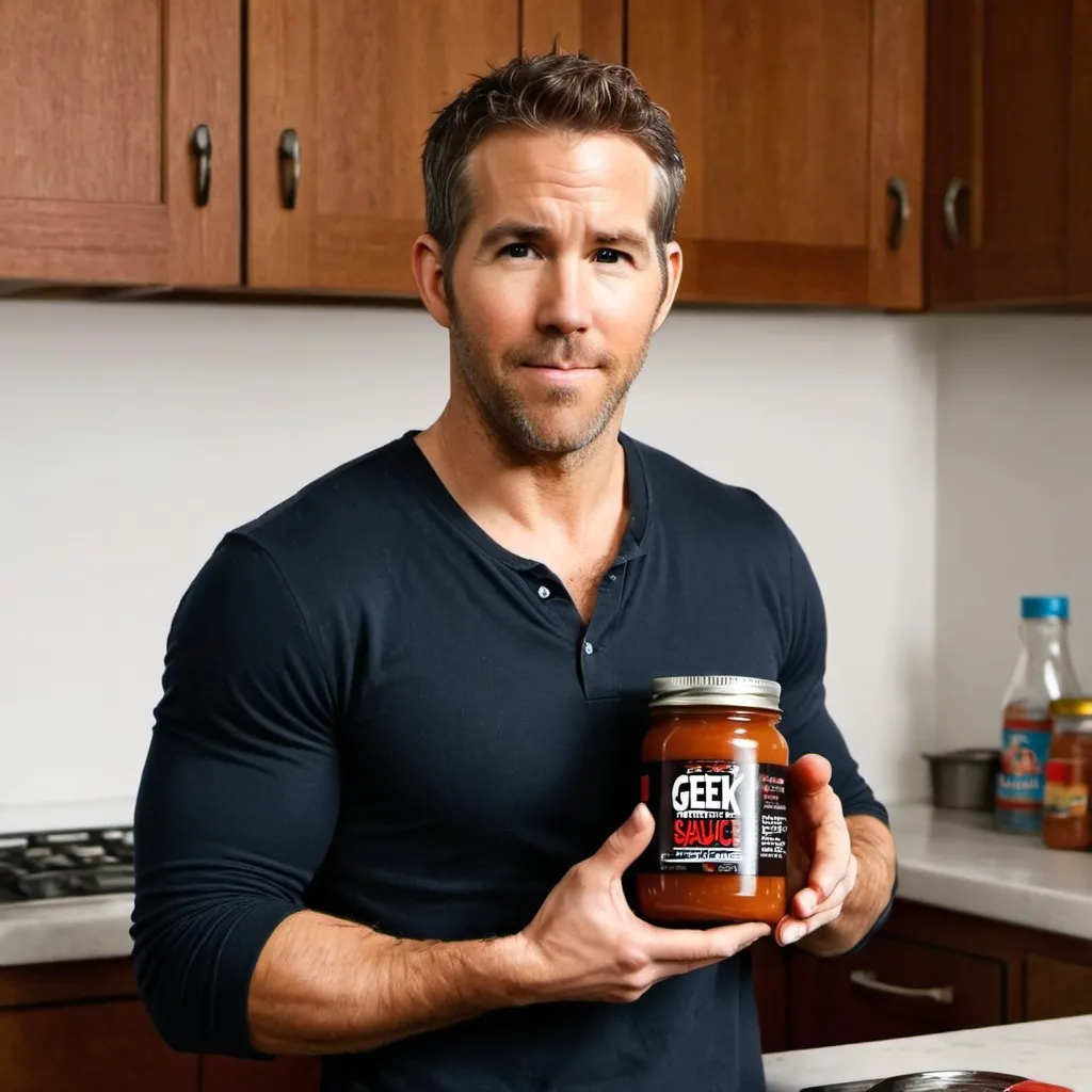 Prompt: ryan reynolds holding jar of geek sauce