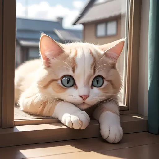 Prompt: create a cute picture of an anime cat that is cute laying down through a window