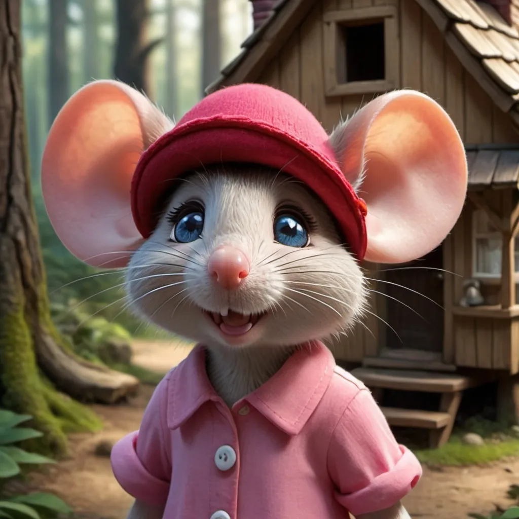 Prompt: A female cartoon mouse with blue eyes, a red hat, and a pink shirt in a little cottage in the forest.