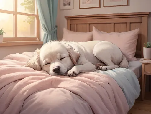 Prompt: Anime dog sleeping in cozy bedroom, soft pastel colors, detailed fur with delicate shading, cute and peaceful expression, comfortable bedding, warm and cozy atmosphere, high quality, anime, cozy, pastel colors, detailed fur, peaceful expression, warm atmosphere, comfortable bedding, professional