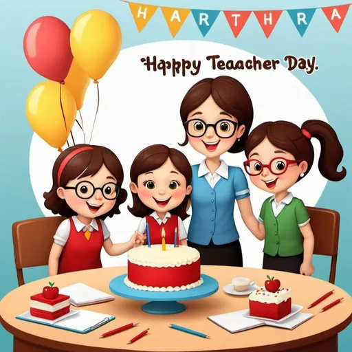 Prompt: Celebration for happy teacher day cartoon simple cake party 