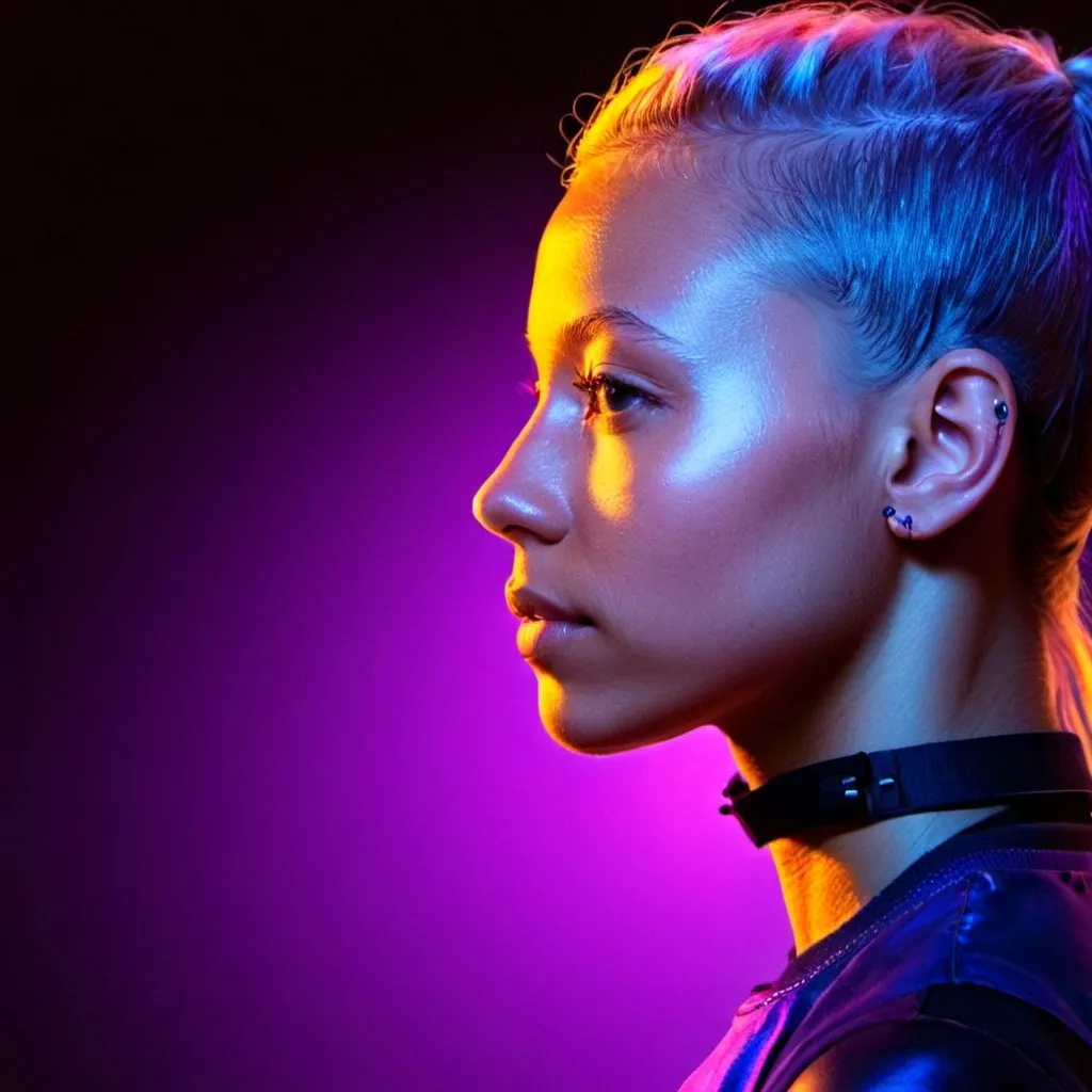 Prompt: A side headshot of a blonde woman who is dressed for a rave, set in a studio. Lighting setup - neon lights. Make the light set up behind her and give her a rim lighting. her head should only have neon lights. 

Her hair is to be long, pushed behind her ear. Photorealistic, 200mm lense.