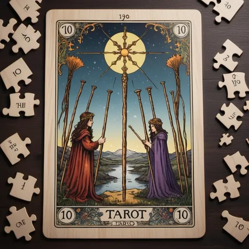 Prompt: Create a mystical and magical image of a puzzle that is halfway complete, featuring the tarot card 10 of Wands. The puzzle pieces not yet placed should be scattered around the puzzle. The overall aesthetic should be mystical and magical, with enchanting lighting and a sense of mystery.