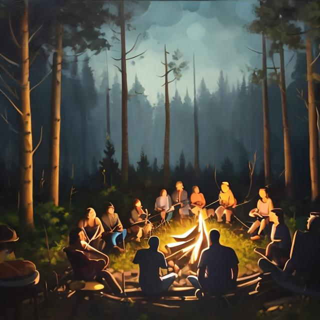 Prompt: People sitting around a campfire and having fun. There is a guy playing guitar. People sitting in circle shape. Campfire is at middle. People are small. Outside are dark forest. Painting is too gloomy. Oil paint.