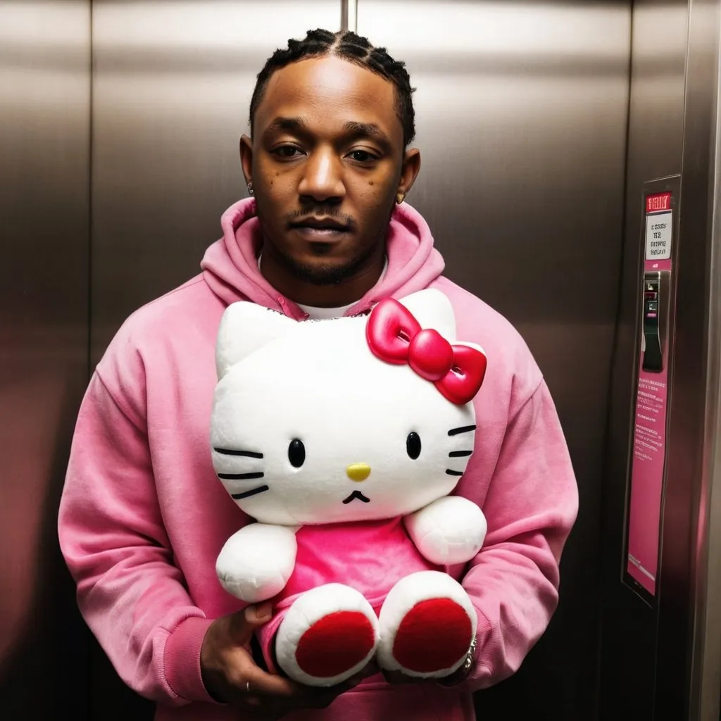 Prompt: make a picture of Kendrick Lamar holding a Hello Kitty plush in an elevator 
