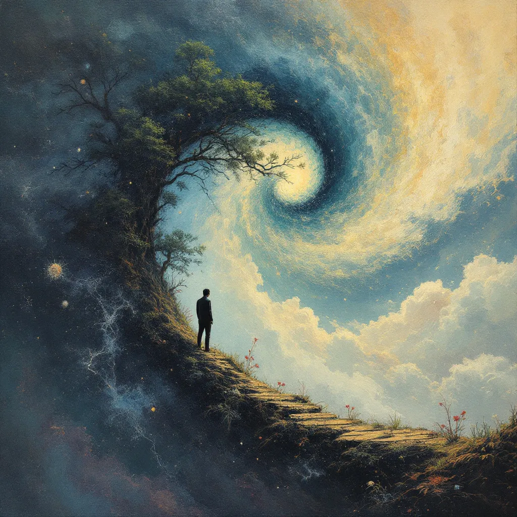 Prompt: man goes the path to self exploration