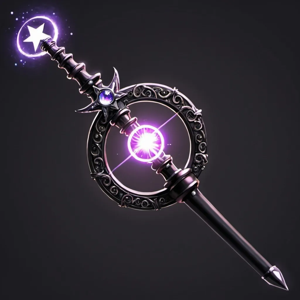 Prompt: The magic wand with big rings around it should be black and anime themed 