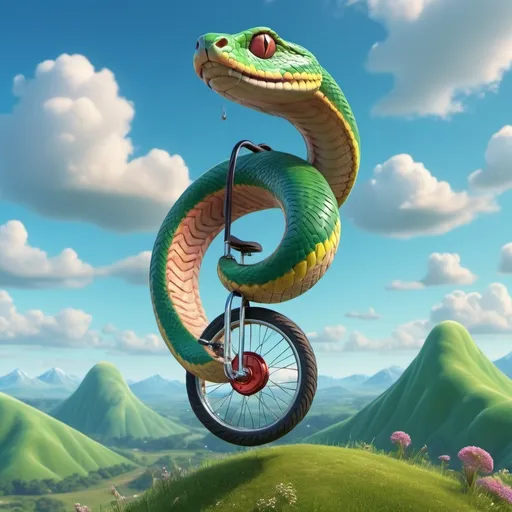 Prompt: (Snake on a unicycle) balancing in a surreal landscape, vibrant colors, whimsical and playful mood, intricate details on snake’s scales, clear and bright lighting, magical ambiance, lush green rolling hills in the background, sparkling blue sky with fluffy clouds, ultra-detailed, 4K, highly-realistic rendering.