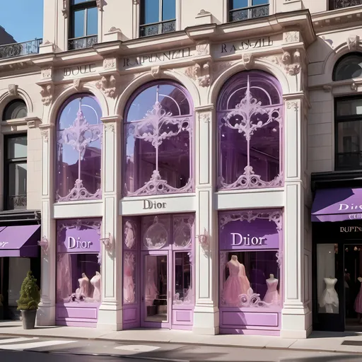 Prompt: A big two-storey house made out of glass in European luxury shop style like Dior with rococo details with shiny white slightly transparent and pink violet details, with big windows, luxury style shiny with logo out of text “rapunzel extensions” written on it in decorative cinzel font 
Standing on the street of New York sunny weather 