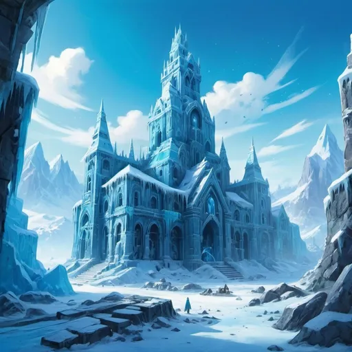 Prompt: an art of ruins and buildings in frozen world with bright blue color