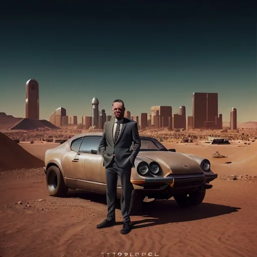 Prompt: a man standing next to a car in a desert area with a city in the background and a man in a suit, Beeple, retrofuturism, dystopia, a detailed matte painting