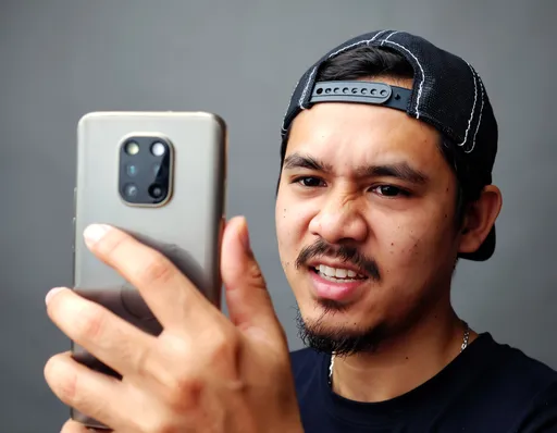 Prompt: man rapper , malaysia , malay , angry face , wearing cap , in a studio , realistic lighting , professional photography style 