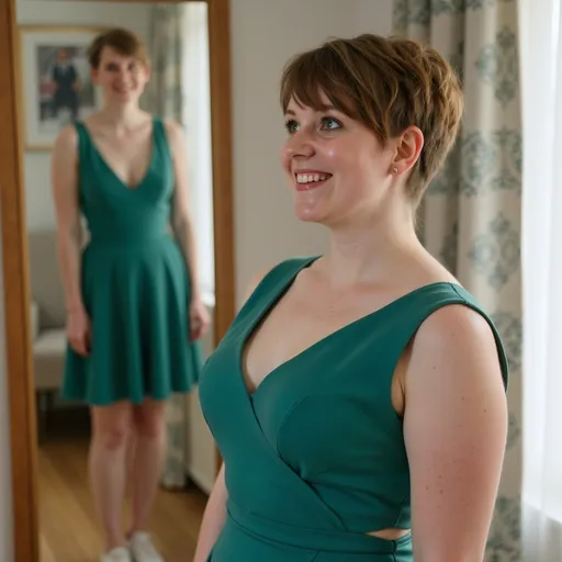 Prompt: 25 years old, curvy body, curvy,  full bangs, blue eyes, pale skin, elegant geen dress, open shoulders,  big smile, looking in mirror, seeing reflection, viewed from the back, full body in view, short skirt, buzzcut very short pixie, undercut neck, buzzed hair neck, very short bob, straight hair, straightened hair, pixie cut