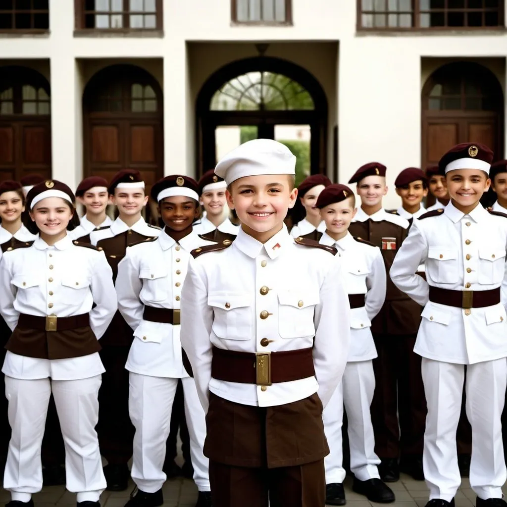 Prompt: Theme: Army of approximately 300 students from a military school

Position: Front view, at attention

Expression: Happy and smiling faces

Diversity: Various nationalities and backgrounds
Uniform: Dark brown pants, white suits, brown berets, black shoes. No badges or decorations 

Background: A courtyard like a military academy.

Size: 1920*1080

Style: Realistic Type. 
Natural light, 18mm lens, with open depth of field.